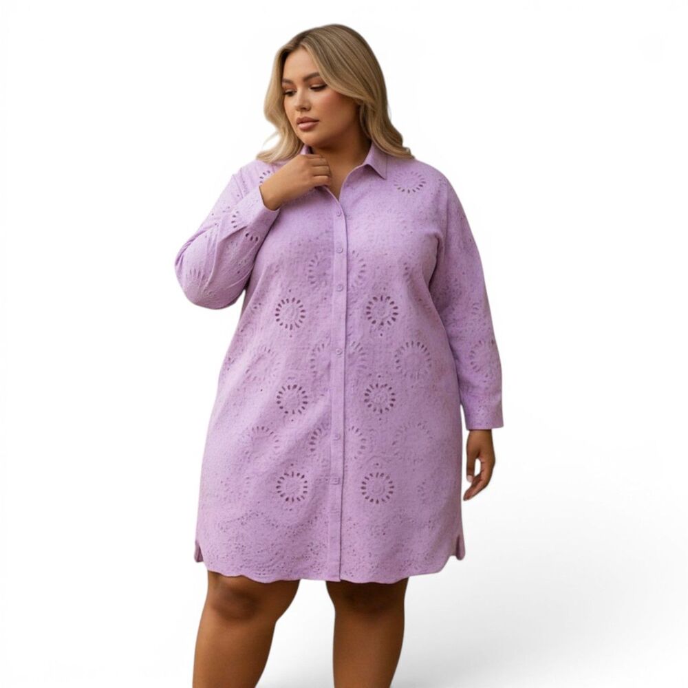 ANGELA PLUS Lilac Eyelet Button Down Woven Mini Dress, NWT! Size 3X  3XL